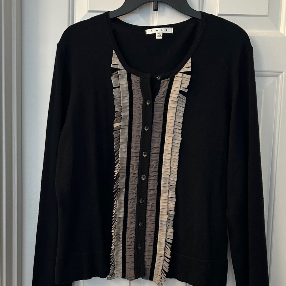 CAbi Black Cardigan with Gray Ruffle Panel